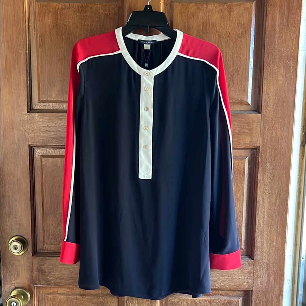 Tommy Hilfiger Navy and Red Long Sleeve Blouse